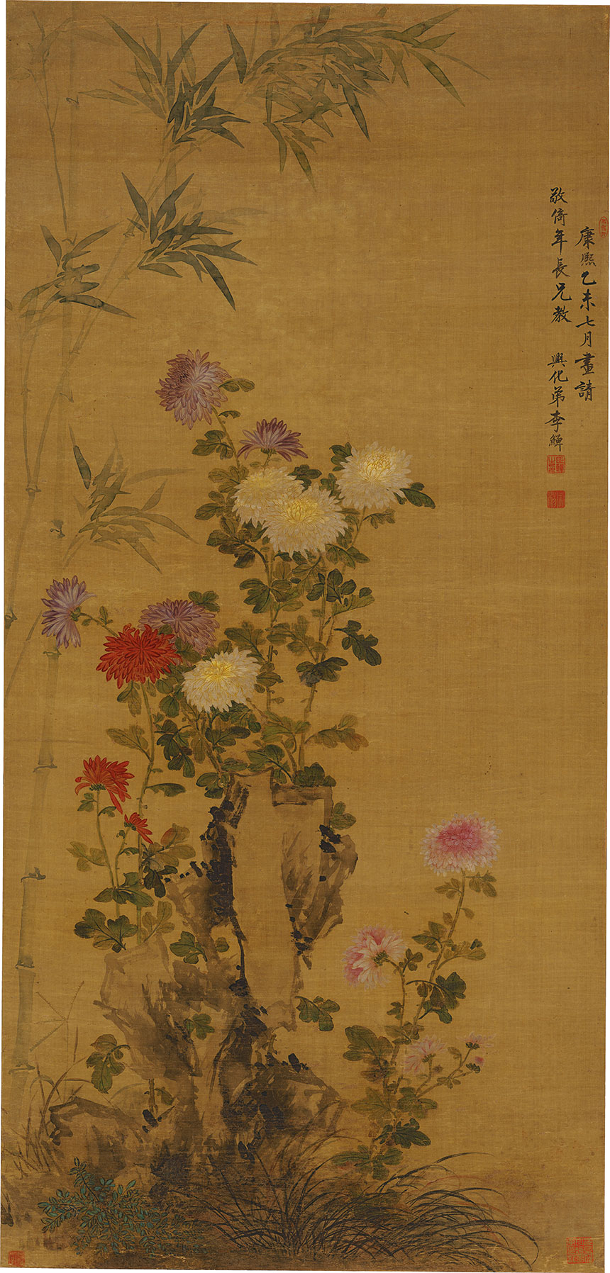 清·李鱓《石畔秋英图》
118.9x56.6cm 绢本立轴设色 南京博物馆藏