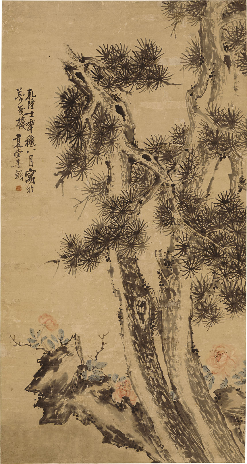 清·李鱓《松石牡丹图》
120.3x242.2cm 纸本立轴设色 上海博物馆藏