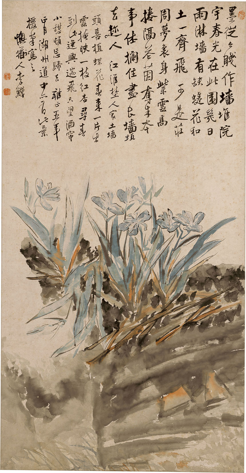 清·李鱓《土墙蝶花图》
59.5x115cm 纸本设色立轴 南京博物院藏