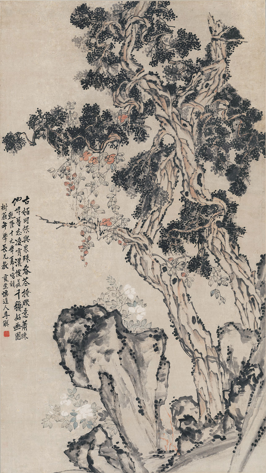清·李鱓《古柏凌霄图》
101.7x180.9cm 纸本设色 天津博物馆藏