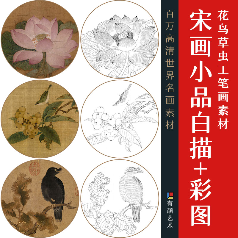 花鸟草虫蔬果 | 宋画小品114套白描底稿+彩图 赠临摹步骤42套