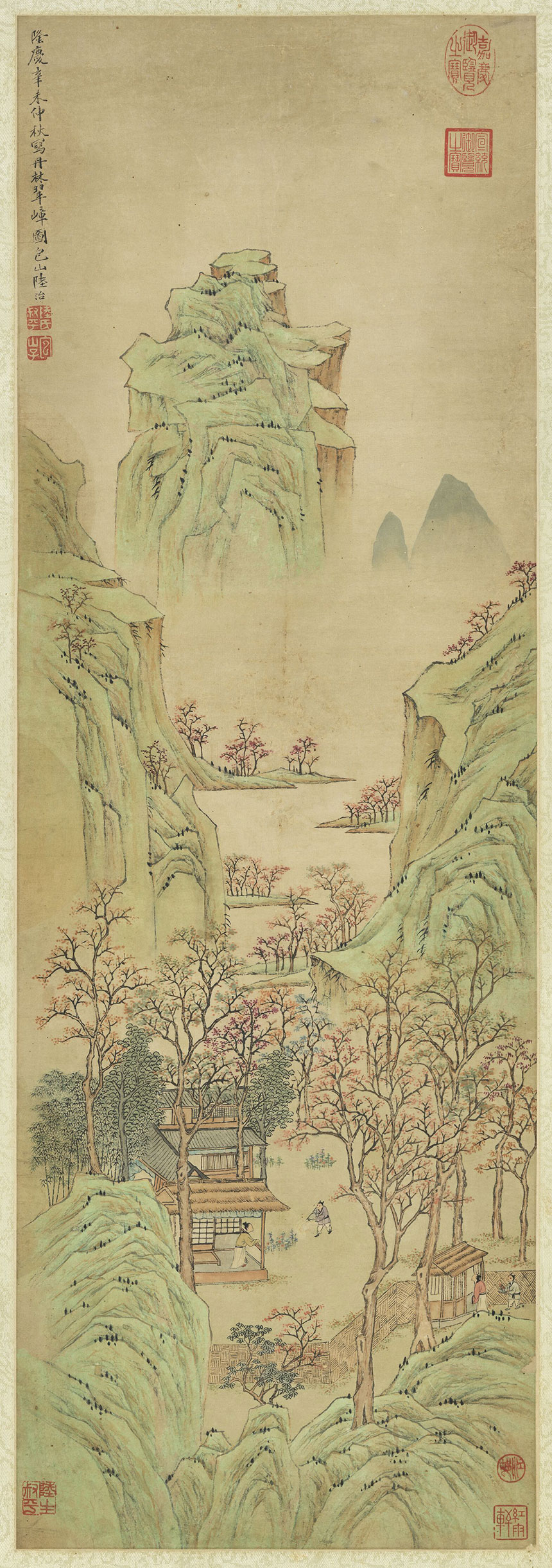 明·陆治《丹林翠嶂图》
 纸本 立轴 设色、青绿 90.2x30.7 厘米
台北故宫博物院藏