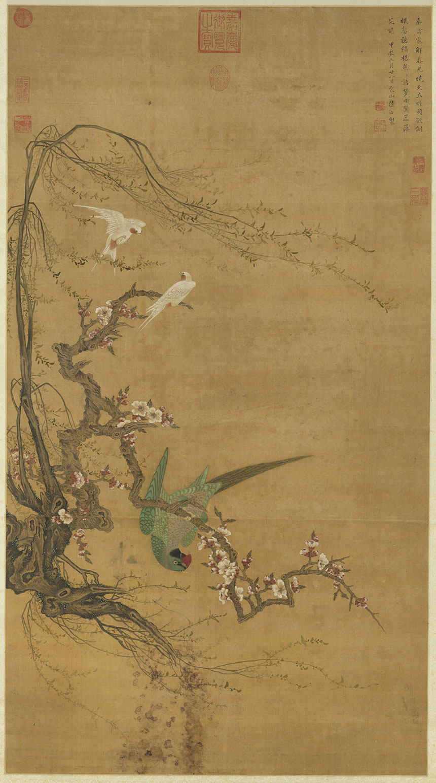 明·陆治《花鸟图》
绢本 立轴 设色 128x70.7厘米
台北故宫博物院藏