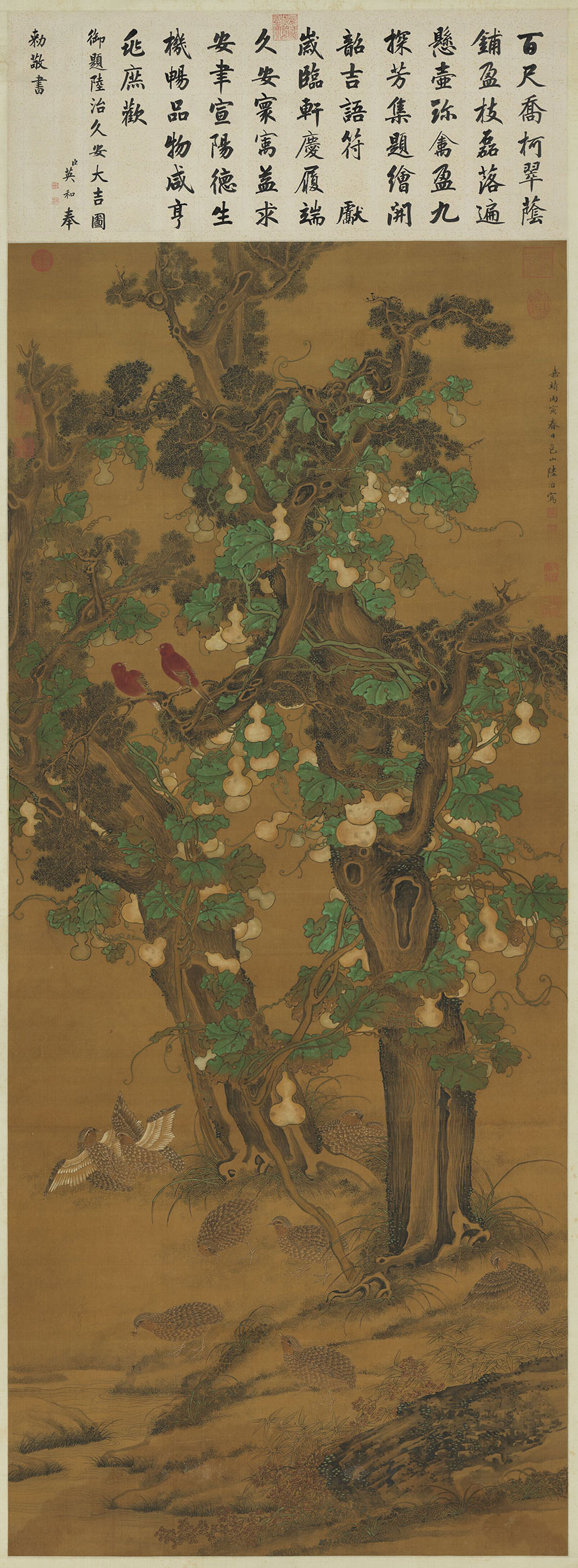 明·陆治《久安大吉图》
 绢本 立轴 设色 189.4x81.4厘米
台北故宫博物院藏