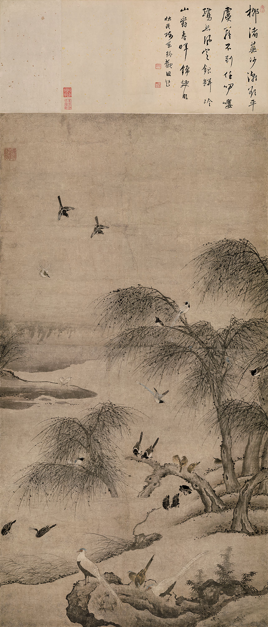 [元] 夏叔文《柳塘聚禽图》

纸本 设色 淡墨 128x66.5 厘米

辽宁省博物馆藏

