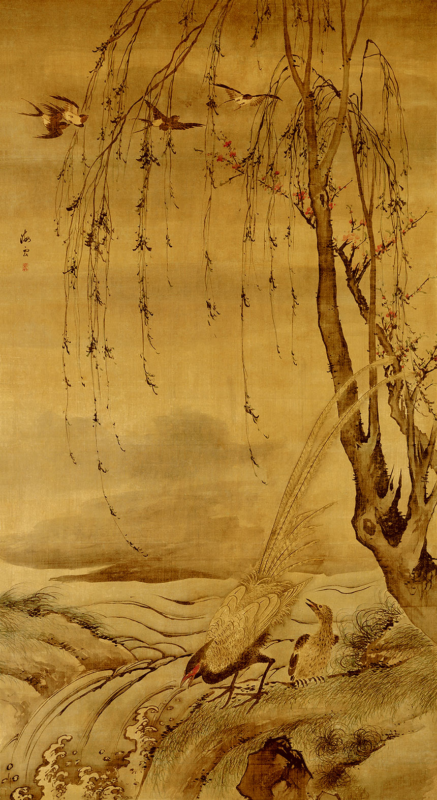 [明] 汪肇《柳禽白鹇图》

绢本 立轴 设色 190x103 厘米

故宫博物院藏